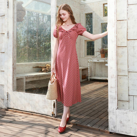 三彩2026夏季新款格纹连衣裙短袖法式A字裙中长裙浪漫M 商品图3