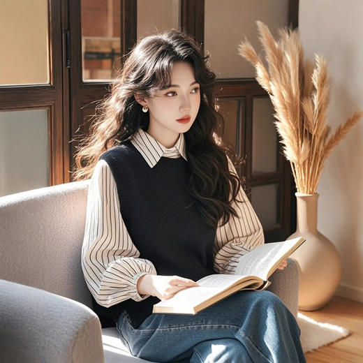 独特漂亮减龄洋气白色条纹撞色假两件衬衫 商品图3