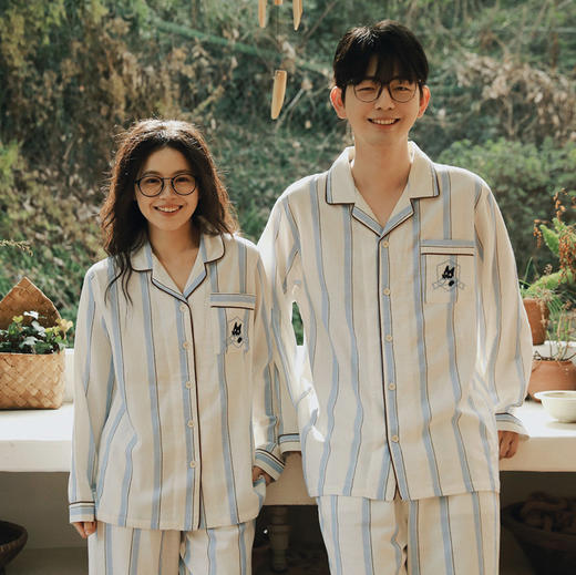 全棉双层纱~情侣款纯棉蓝白条纹睡衣女 野兽风格休闲家居服可外穿长袖全棉套装 商品图2
