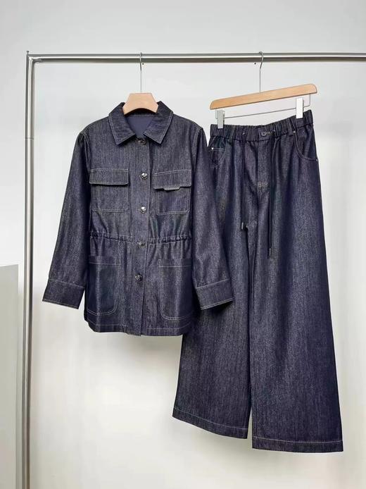 F033168牛仔裤套装新款银丝薄棉牛仔外套抽绳直筒简约松紧腰阔腿裤 商品图0