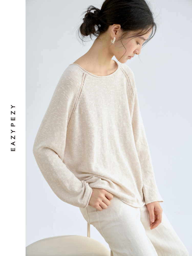 托斯卡纳的艳阳·棉麻丝卷边领镂空插肩长袖针织衫