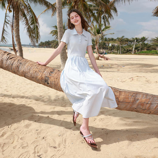 三彩独醒2026夏季新款拼接连衣裙翻领短袖收腰A字裙长裙F 商品图2