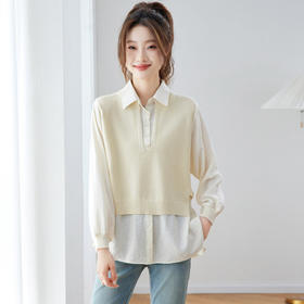 假两件针织拼接衬衫，春季衬衣高级感宽松减龄长袖上衣CC26051