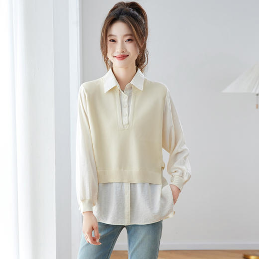 假两件针织拼接衬衫，春季衬衣高级感宽松减龄长袖上衣CC26051 商品图0