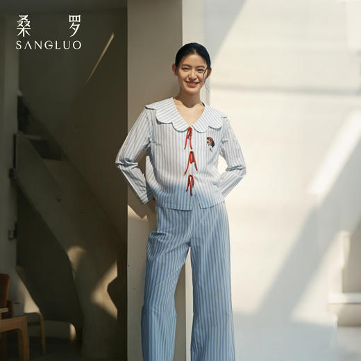 桑罗萌趣旺旺条纹印花桑蚕丝睡衣套装女娃娃领长袖家居服腊肠小狗可外穿 商品图1