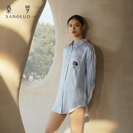 桑罗萌趣旺旺条纹印花衬衫裙桑蚕丝女长袖家居服度假小狗可外穿 商品图1