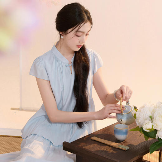 【沧海蓝田】三彩2026夏季新款假两件连衣裙新中式A字长裙C 商品图3