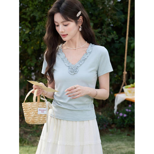 鹿向南【0402/20:00新品前1小时7折限量100件】水蓝色T恤 商品图0