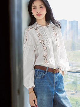 等风吹过重工镂空花边亚麻棉唯美衬衫