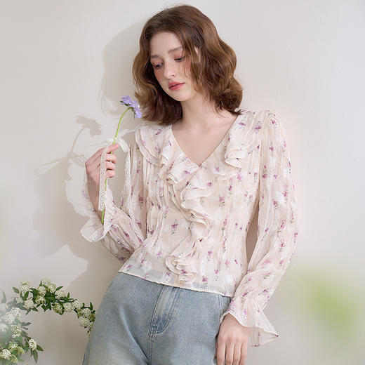 【邂逅春日】法式浪漫碎花长袖衬衫女春季V领荷叶袖衬衣LXD50273 商品图0