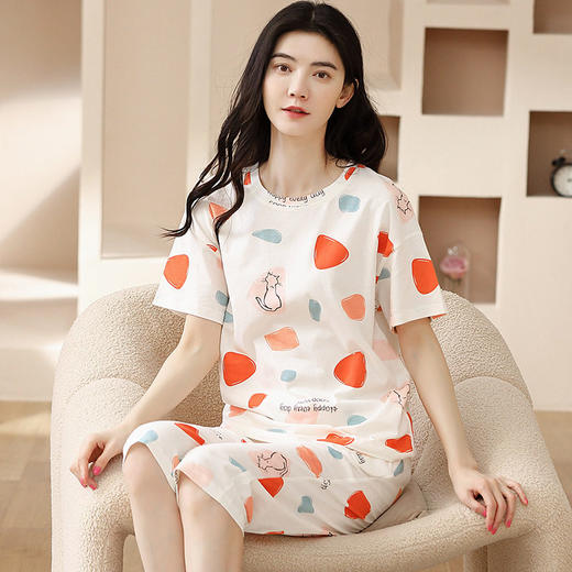 夏季新品纯棉睡衣女短袖七分裤两件套装薄款休闲少女带胸垫家居服   JL-YS311 商品图0