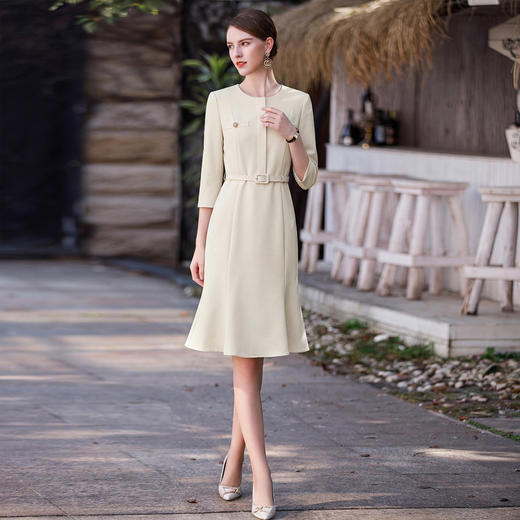 IWY/气质浅黄色七分袖连衣裙女收腰显瘦气质工作服通勤西装裙25Q957 商品图2