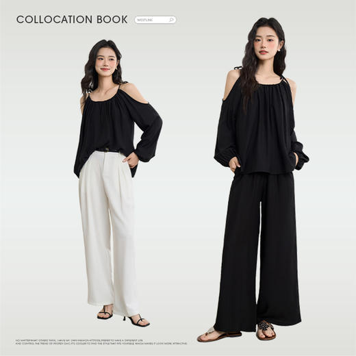 【限时秒杀】复古设计感串珠露肩吊带长袖衬衫女春季简约宽松衬衣LXD50270 商品图1