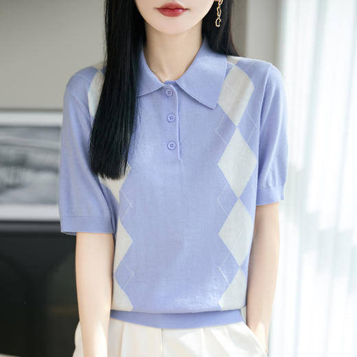 丁摩 复古polo领菱格纹针织短袖女灰色百搭T恤上衣ZS-96030-95 商品图3