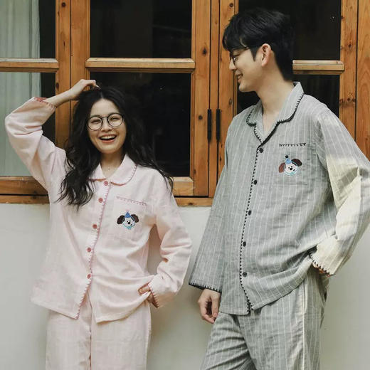 全棉双层纱～情侣款生日狗刺绣纯棉睡衣丘比兔刺绣长袖套装春秋季新款男女士家居服 商品图2