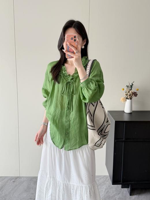绿野仙踪~显白植物绿设计感V领木耳边苎麻衬衫 商品图10