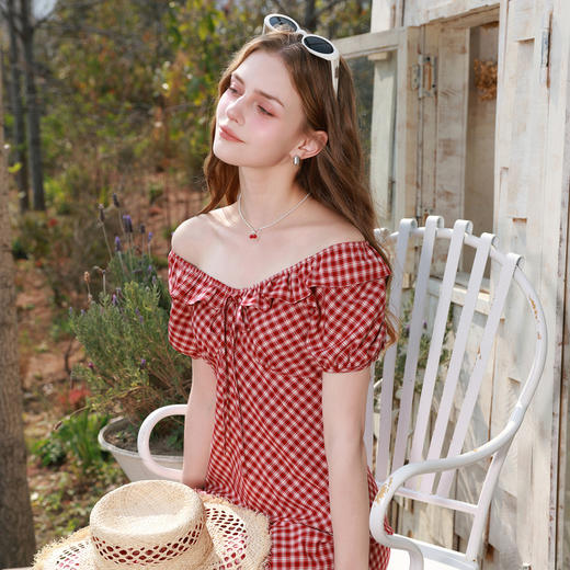 三彩2026夏季新款格纹连衣裙短袖法式A字裙中长裙浪漫M 商品图2