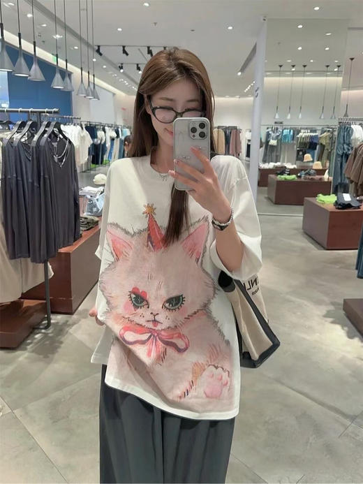 特价出！少量！售完无补！甜酷少女感！ADER猫咪印花宽松短袖T恤！ 商品图1
