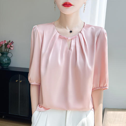百媚生 圆领国风盘扣半袖纯色五分袖上衣小衫YT-A97 商品图2