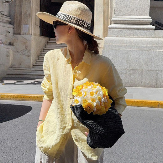 【柠檬黄 亚麻棉感防晒衬衫】慵懒感十足 宽松版型设计 遮肉显瘦 商品图5