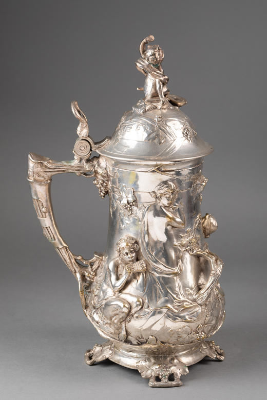 独角鹿西洋古董1911年德国银器工坊WMF签名出品新艺术风格小天使造型主题镀银浮雕啤酒杯 商品图2