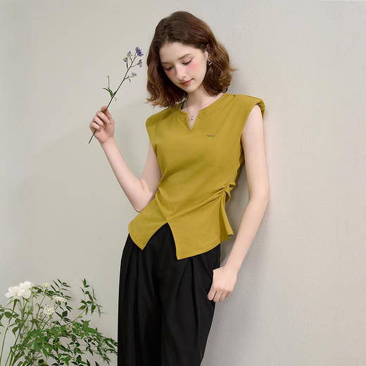 【限时秒杀】优雅气质通勤风小V领开叉T恤女夏季抽褶收腰背心上衣LXD50652 商品图2