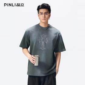 PINLI品立2026夏季新款青年十字架烫钻圆领落肩短袖T恤上衣潮牌男BG262111021