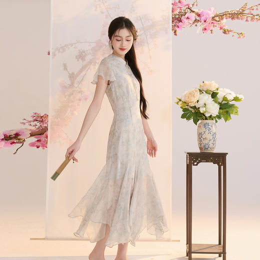 【花影流光】三彩2026夏季新款新中式连衣裙雪纺绣花中长裙C 商品图3