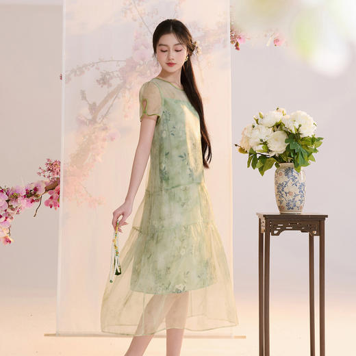 【柳色含烟】三彩2026夏季新款假两件连衣裙新中式A字裙C 商品图2