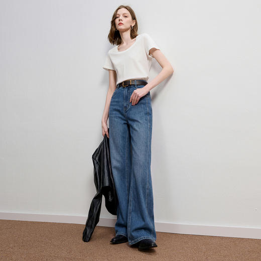 三彩2026夏季新款微喇牛仔裤收腰显瘦长裤摩登复古M 商品图2