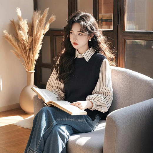 独特漂亮减龄洋气白色条纹撞色假两件衬衫 商品图2