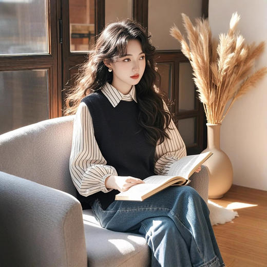 独特漂亮减龄洋气白色条纹撞色假两件衬衫 商品图1