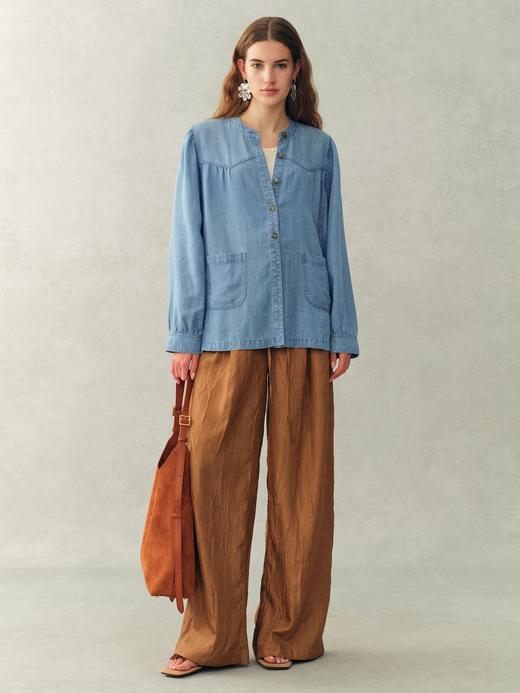 Fab*同款水洗浅蓝法式褶皱天丝牛仔衬衫 商品图2