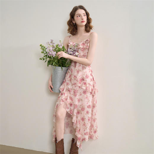 西遇浪漫玫瑰法式拼接荷叶边碎花吊带裙女夏季不规则连衣裙LXD50959 商品图0