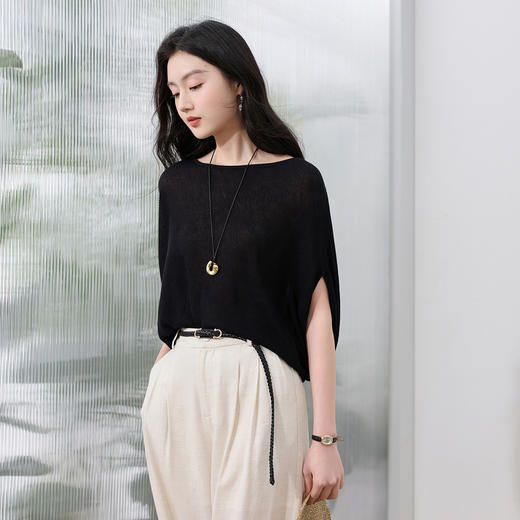 【莱赛尔】三彩2026夏季新款一字领蝙蝠袖针织衫上衣宽松套头S 商品图1