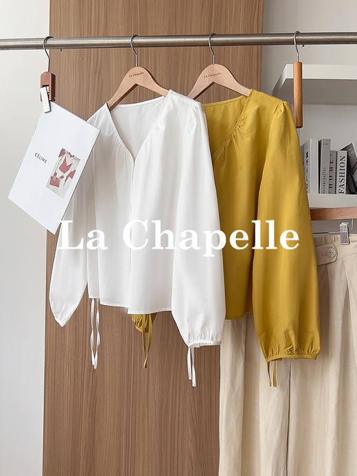 专柜实拍【天丝+亚麻+棉】拉夏贝尔/La Chapelle气质V领排扣两侧系带设计简约净版显瘦长袖衬衫 商品图6