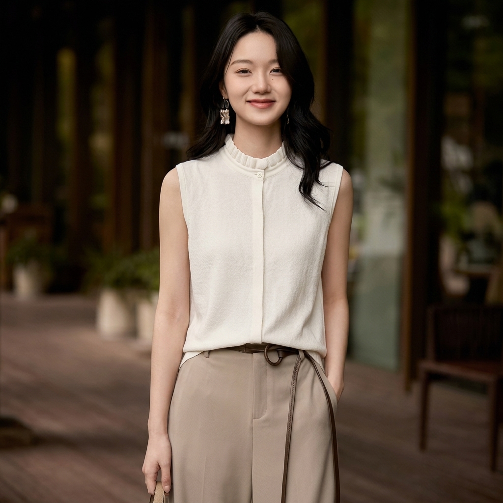 晚风盈袖~木耳领无袖6A级白厂丝 羊 毛优雅花边领马甲YM260568