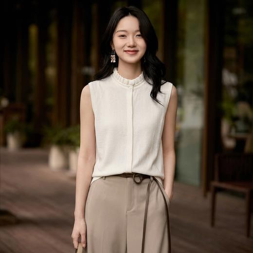 晚风盈袖~木耳领无袖6A级白厂丝 羊 毛优雅花边领马甲YM260568 商品图0