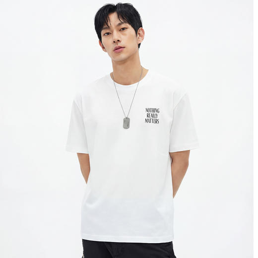 DRONKOO 2026 圆领左胸绣线字母喷色后幅喷色三排字母微阔短袖T恤 商品图1