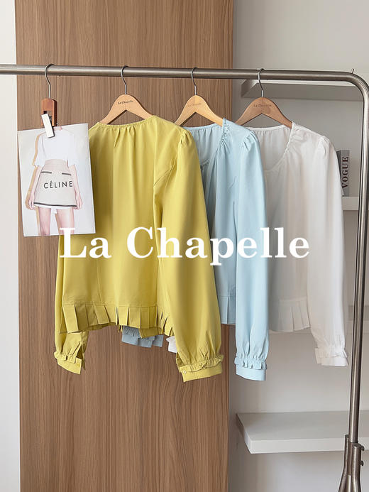 专柜实拍【莱赛尔+麻】拉夏贝尔/La Chapelle圆领系带拉链压褶花边设计长袖上衣百搭甜美风衬衣 商品图1