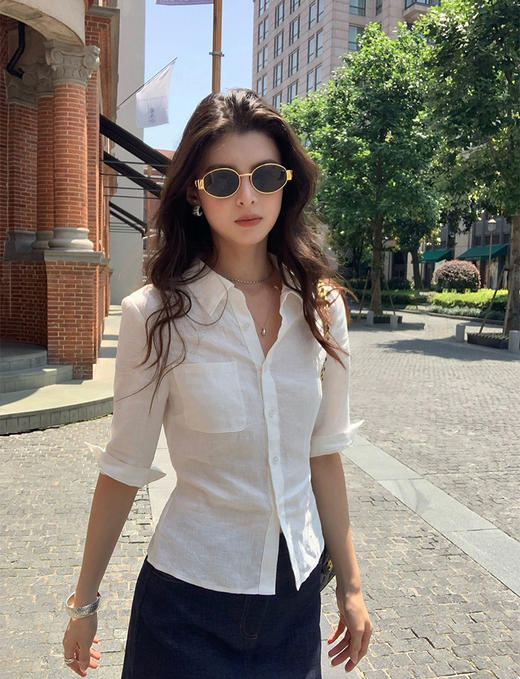 精简翻领老钱风亚麻中腰中袖翻领显瘦衬衫 商品图2