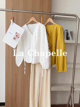 专柜实拍【天丝+亚麻+棉】拉夏贝尔/La Chapelle气质V领排扣两侧系带设计简约净版显瘦长袖衬衫