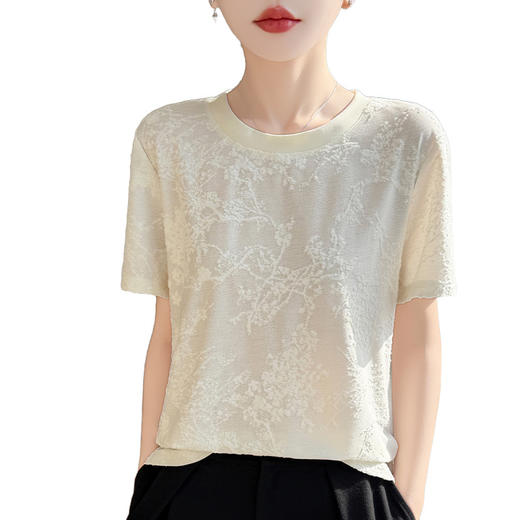 百媚生 复古国风提花套头短袖T恤针织打底上衣YT-A303 商品图4