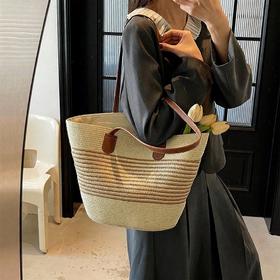 草编包海滩黑条纹新款休闲夏天单肩包时尚托特百搭包女士背包