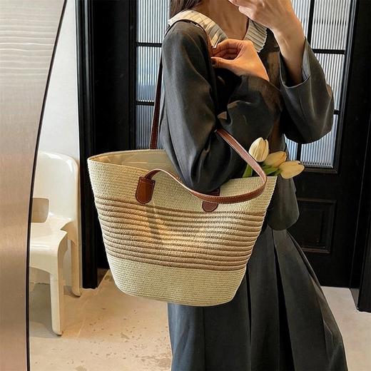 草编包海滩黑条纹新款休闲夏天单肩包时尚托特百搭包女士背包 商品图0