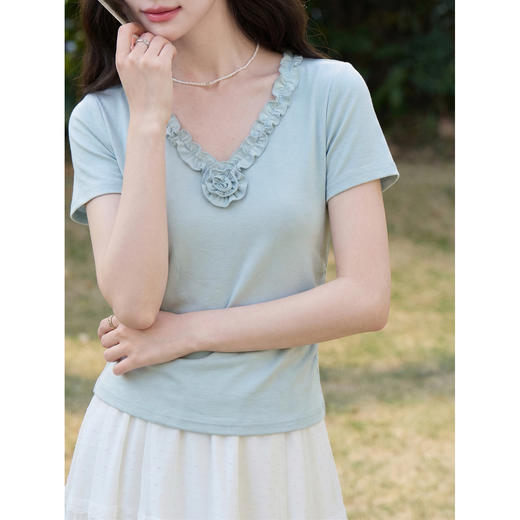 鹿向南【0402/20:00新品前1小时7折限量100件】水蓝色T恤 商品图3