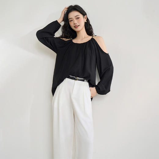 【限时秒杀】复古设计感串珠露肩吊带长袖衬衫女春季简约宽松衬衣LXD50270 商品图3