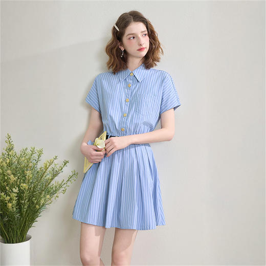 复古英伦风条纹文艺感翻领衬衫裙女春季学院风短裙连衣裙LXD50958 商品图1