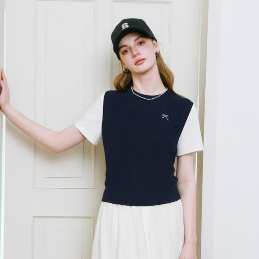 【商场同款】诗凡黎针织拼接短袖2025夏新款假两件上衣3G4230871 商品图4