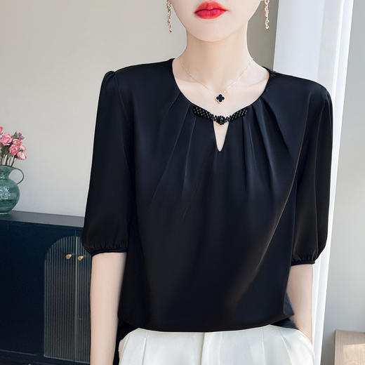 百媚生 圆领国风盘扣半袖纯色五分袖上衣小衫YT-A97 商品图3
